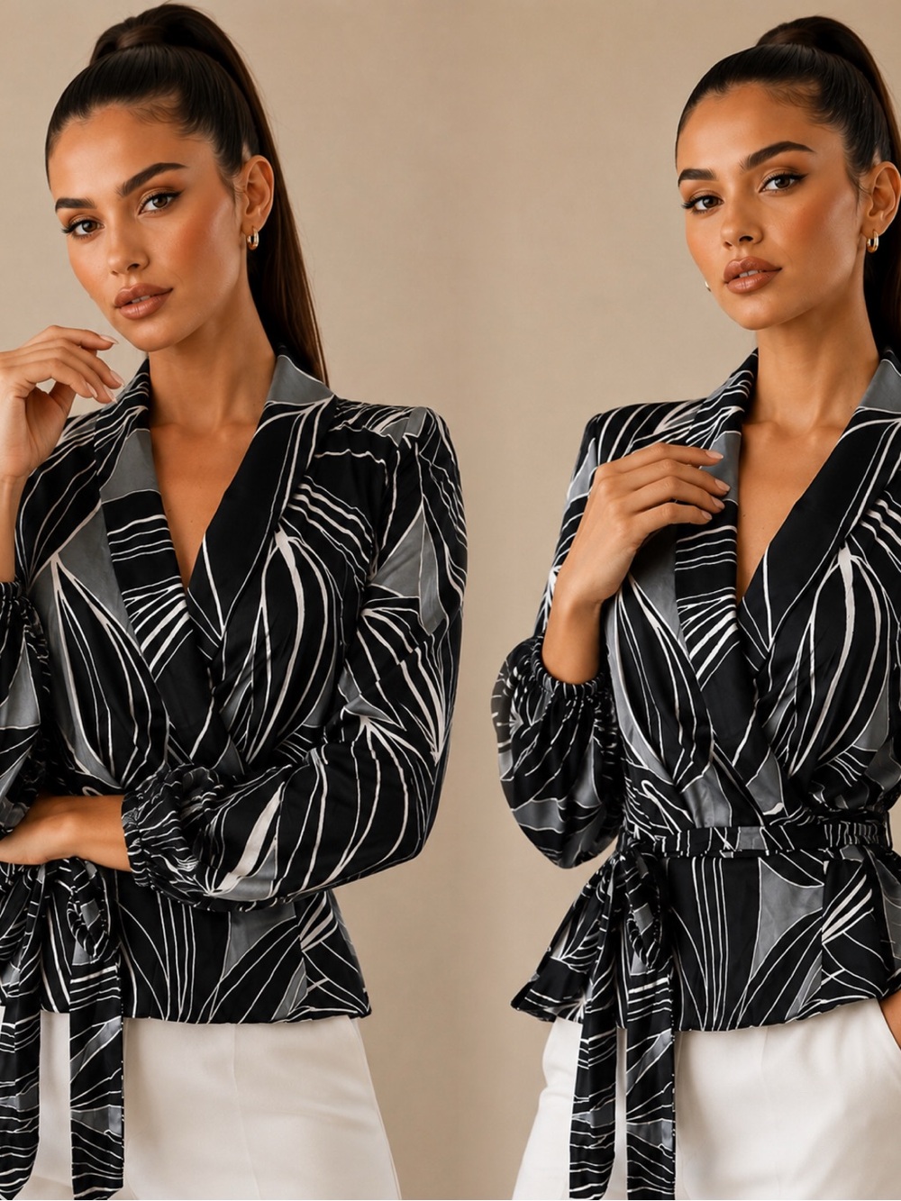 White House Black Market Black & White Abstract Wrap Blouse